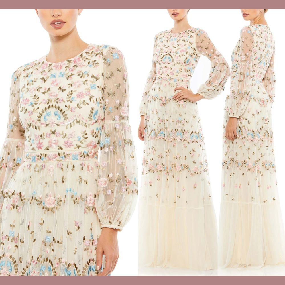 NEW Mac Duggal [ 14 ] 35111‎ Floral Embroidered Blouson Sleeve Gown Ivory S1330